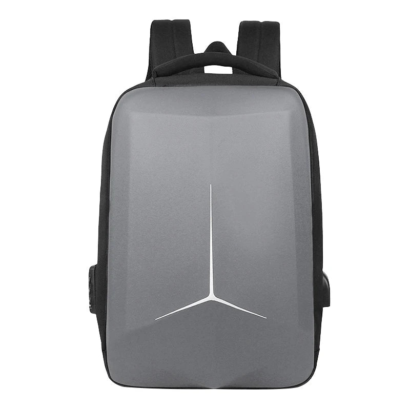 Front-facing view of a grey hard-shell laptop backpack with sleek design and minimalist detailing